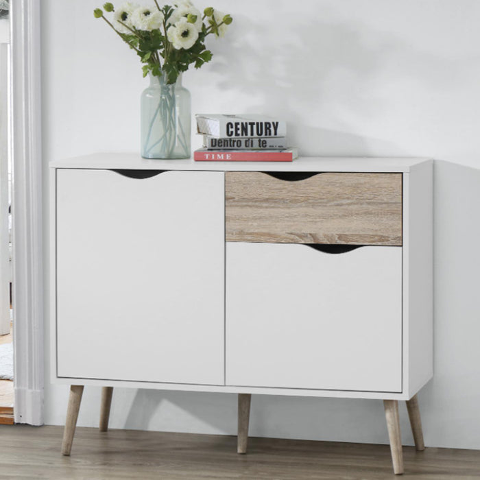 Mankato Small Sideboard With 2 Doors And 1 Drawers In White And Oak Effect