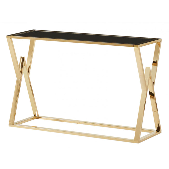 Mcnary Black Glass Console Table With Gold Metal Base