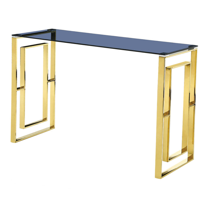 Mcnary Grey Glass Console Table With Gold Metal Base