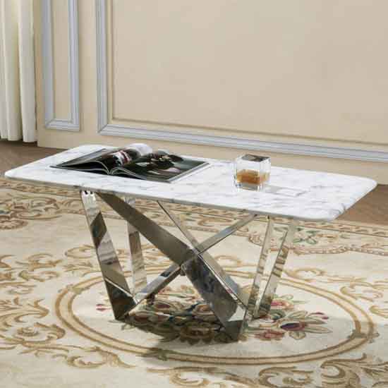 Salisbury Marble Coffee Table In White With Stainless Steel Base