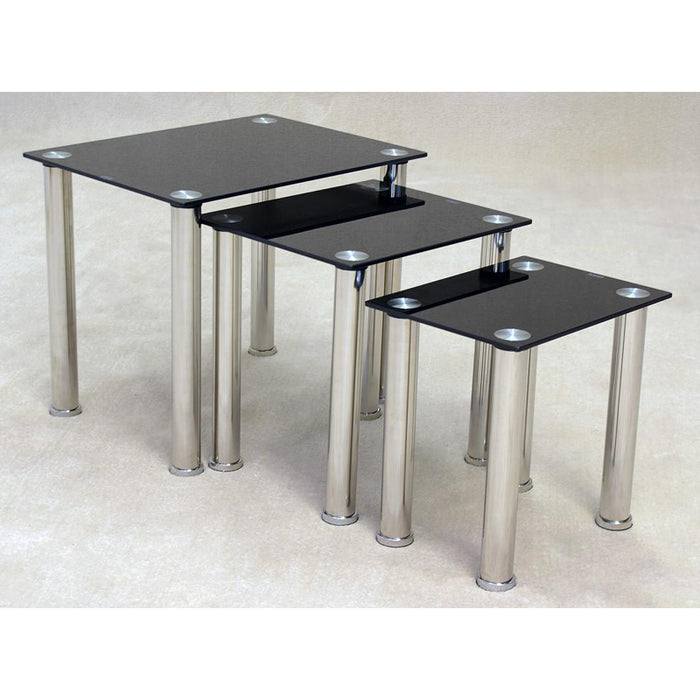 Tooele Black Glass Nest Of 3 Tables With Chrome Legs